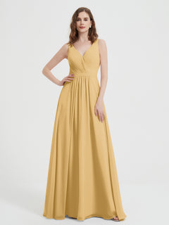 Open Back Chiffon Dresses with V neck Gold Plus Size