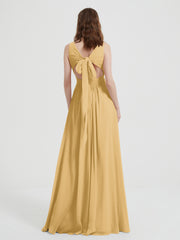 Open Back Chiffon Dresses with V neck Gold Plus Size