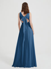 Open Back Chiffon Dresses with V neck Ink Blue Plus Size