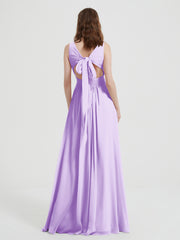 Open Back Chiffon Dresses with V neck Lilac