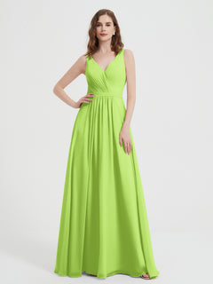 Open Back Chiffon Dresses with V neck Lime Green