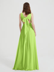Open Back Chiffon Dresses with V neck Lime Green