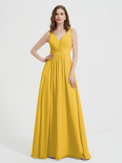 Open Back Chiffon Dresses with V neck Marigold