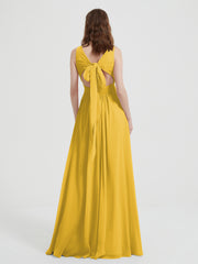 Open Back Chiffon Dresses with V neck Marigold