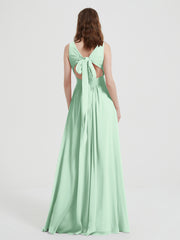 Open Back Chiffon Dresses with V neck Mint Green