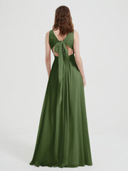 Open Back Chiffon Dresses with V neck Moss