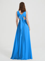 Open Back Chiffon Dresses with V neck Ocean Blue