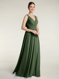 Open Back Chiffon Dresses with V neck Olive Green