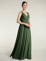Open Back Chiffon Dresses with V neck Olive Green Plus Size