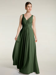 Open Back Chiffon Dresses with V neck Olive Green