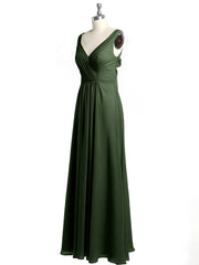 Open Back Chiffon Dresses with V neck Olive Green