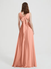 Open Back Chiffon Dresses with V neck Papaya
