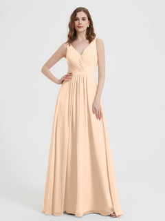 Open Back Chiffon Dresses with V neck Peach