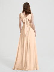 Open Back Chiffon Dresses with V neck Peach