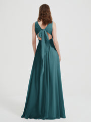 Open Back Chiffon Dresses with V neck Peacock Plus Size
