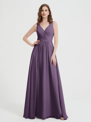 Open Back Chiffon Dresses with V neck Plum