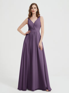 Open Back Chiffon Dresses with V neck Plum Plus Size