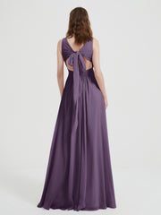 Open Back Chiffon Dresses with V neck Plum