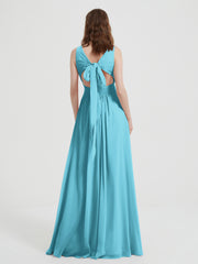 Open Back Chiffon Dresses with V neck Pool