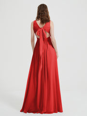 Open Back Chiffon Dresses with V neck Red