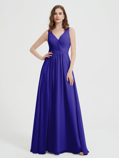 Open Back Chiffon Dresses with V neck Royal Blue Plus Size