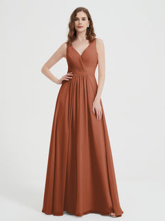 Open Back Chiffon Dresses with V neck Rust Plus Size