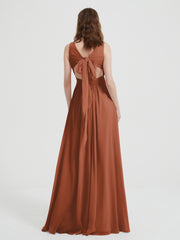 Open Back Chiffon Dresses with V neck Rust Plus Size