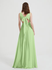 Open Back Chiffon Dresses with V neck Sage