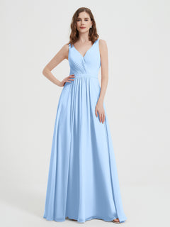 Open Back Chiffon Dresses with V neck Sky Blue Plus Size