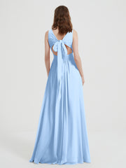 Open Back Chiffon Dresses with V neck Sky Blue Plus Size