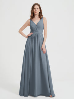 Open Back Chiffon Dresses with V neck Slate Blue Plus Size