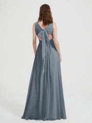 Open Back Chiffon Dresses with V neck Slate Blue