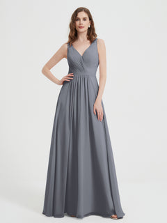 Open Back Chiffon Dresses with V neck Steel Grey Plus Size