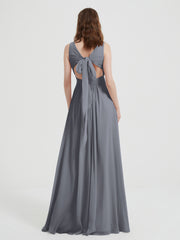 Open Back Chiffon Dresses with V neck Steel Grey