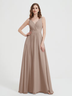 Open Back Chiffon Dresses with V neck Taupe