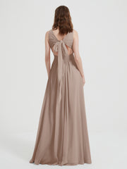 Open Back Chiffon Dresses with V neck Taupe