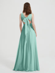 Open Back Chiffon Dresses with V neck Turquoise