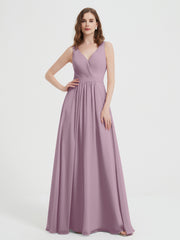 Open Back Chiffon Dresses with V neck Vintage Mauve Plus Size