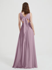 Open Back Chiffon Dresses with V neck Vintage Mauve Plus Size