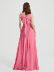 Open Back Chiffon Dresses with V neck Watermelon
