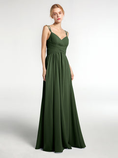 Chiffon Long Bridesmaid Dress with Double Strap Olive Green