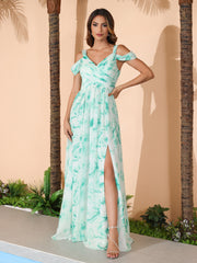 Cold Shoulder Empire Waist Max Dress with Slit Mint Marble