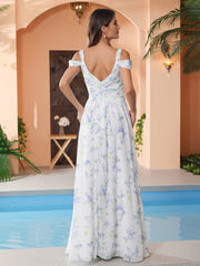 Lavender Floral Off the Shoulder Empire Waist Max Dress with Slit