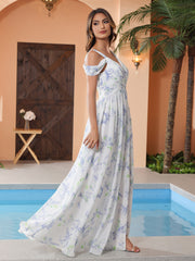 Lavender Floral Off the Shoulder Empire Waist Max Dress with Slit