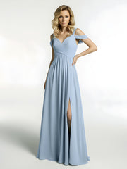 Cold Shoulder Empire Waist Max Dress with Slit Sky Blue