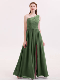 One Shoulder Chiffon And Lace Dress with Slit Olive Green