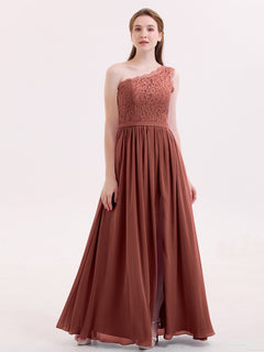 One Shoulder Chiffon And Lace Dress with Slit Terracotta