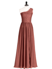 One Shoulder Chiffon And Lace Dress with Slit Terracotta Plus Size