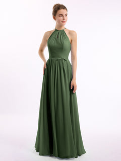 Long Halter Chiffon Dresses with Open Back Olive Green