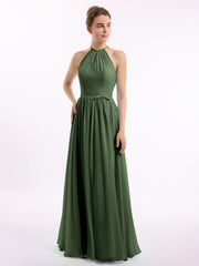 Long Halter Chiffon Dresses with Open Back Olive Green Plus Size